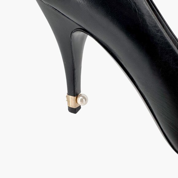Chanel Peep Toe CC Logo Pearl Black Leather Pumps High Heels Size 38.5 US 7.5-8 - Picture 10 of 16